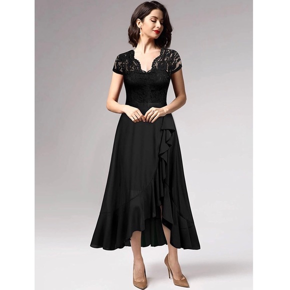 (SOLD) V Neck Lace Ruffle Bridesmaid Maxi Dress - Picture 3 of 5